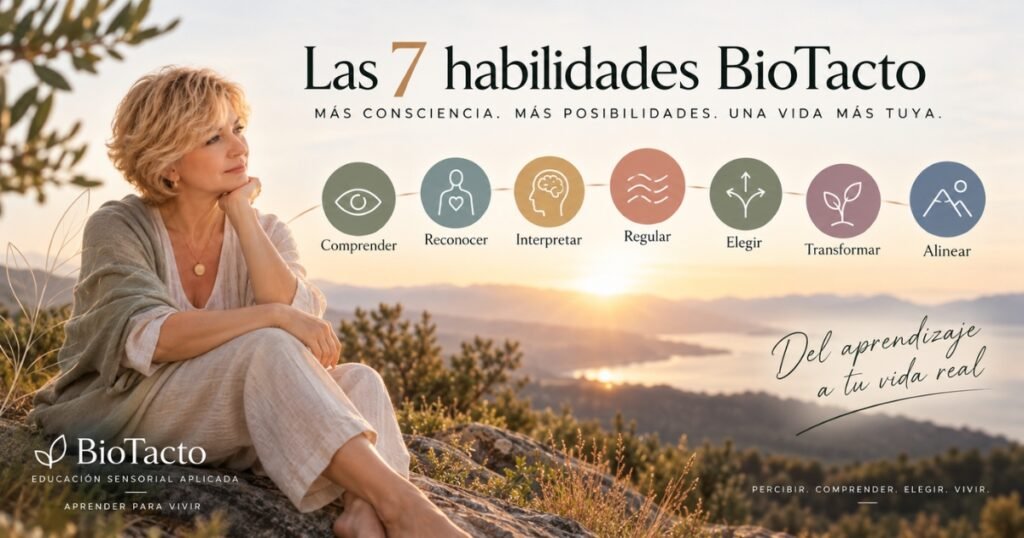 Imagen de las 7 habilidades BioTacto — Comprender, Reconocer, Interpretar, Regular, Elegir, Transformar y Alinear— representadas sobre un paisaje natural, como parte del enfoque de Educación Sensorial Aplicada.