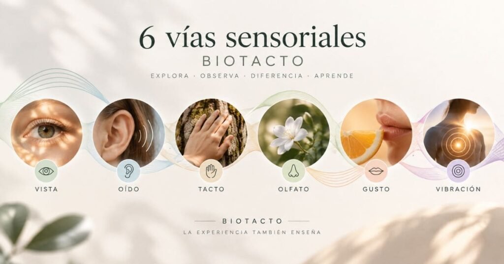 Las 6 vías sensoriales BioTacto representadas a través de la vista, el oído, el tacto, el olfato, el gusto y la vibración.
