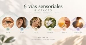 Las 6 vías sensoriales BioTacto representadas a través de la vista, el oído, el tacto, el olfato, el gusto y la vibración.