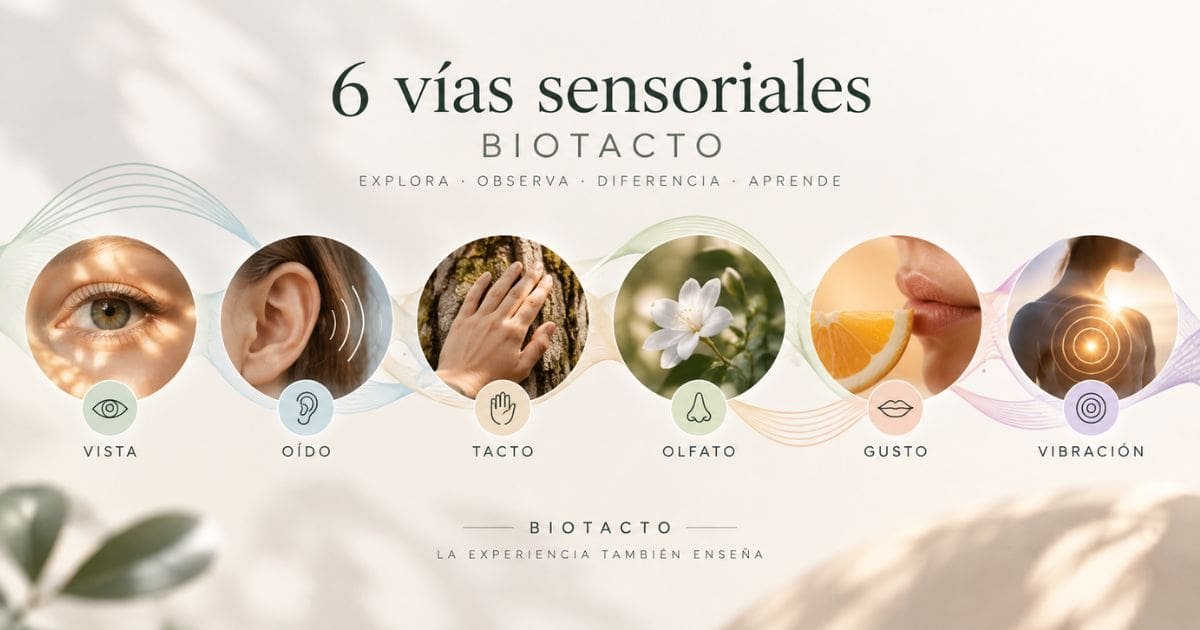 Las 6 vías sensoriales BioTacto representadas a través de la vista, el oído, el tacto, el olfato, el gusto y la vibración.