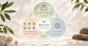 Imagen conceptual del ecosistema educativo BioTacto que representa la conexión entre percepción, experiencia y desarrollo de capacidades.