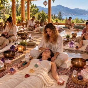 Cristaloterapia con BioTacto_ práctica de visualización y trabajo con cristales naturales y esferas de amatista y cuarzo, en sesiones guiadas por parejas en un entorno de bienestar rodeado de naturaleza.