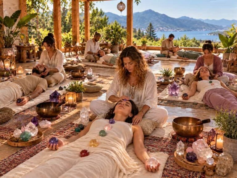 Cristaloterapia con BioTacto_ práctica de visualización y trabajo con cristales naturales y esferas de amatista y cuarzo, en sesiones guiadas por parejas en un entorno de bienestar rodeado de naturaleza.